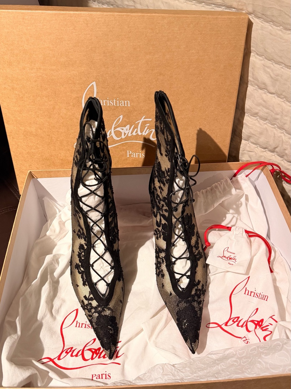 Christian Louboutin Black Lace Pointed Lace-Up Ankle Boots with Red Sole - Picture 2 of 10